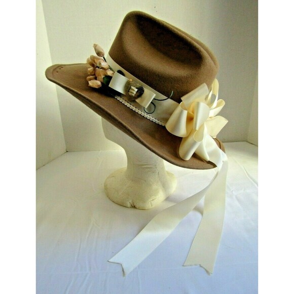 Vtg Brown Wool Nancy Hughes Hat Co Hat Satin Ribbon Bow Roses Lazer Cut 6 3/4 main image 6
